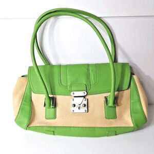 Antonio Melani Womens Shoulder Bag Green Ivory Leather Trim  W/ Magnetic Flap